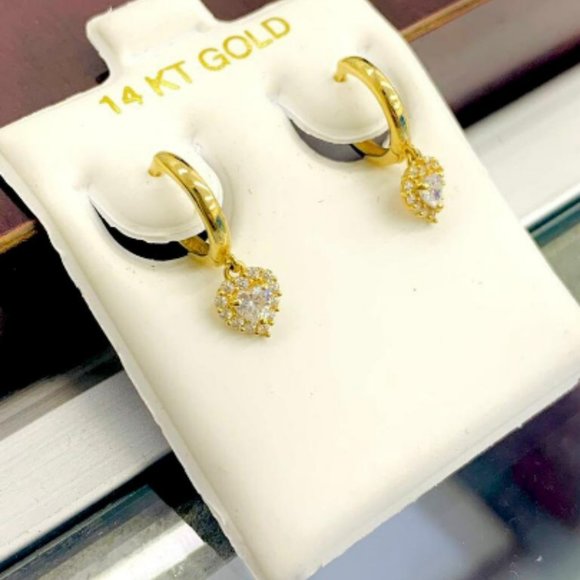 14K Yellow Gold CZ Huggies Hoop Earrings Heart Drop Earrings for Womens Aretes - Picture 6 of 6